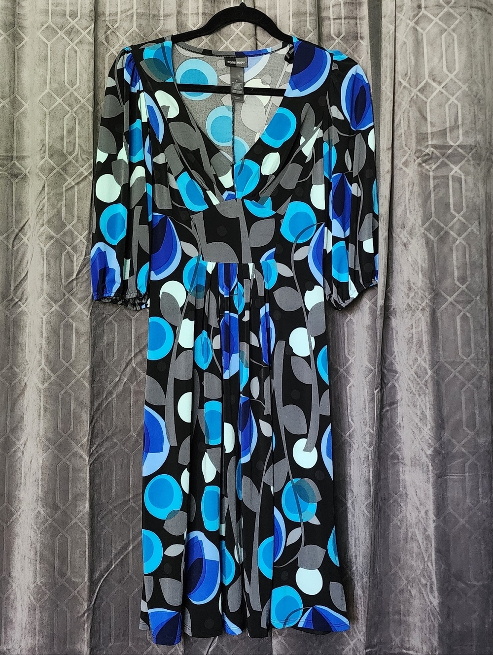 Bisou Bisou Black Dress with Blue & Gray Geometric Print